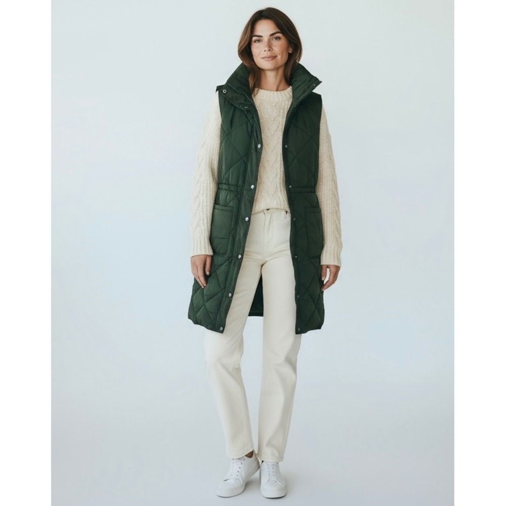 NEW Forest Green Quilted Puffer Vest Pockets High Collar 3/4 Length Size Medium